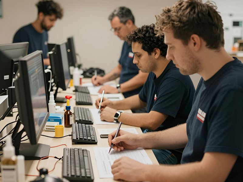 Команда специалистов компании Альт Смоук работает с оборудованием в офисе при теплом освещении