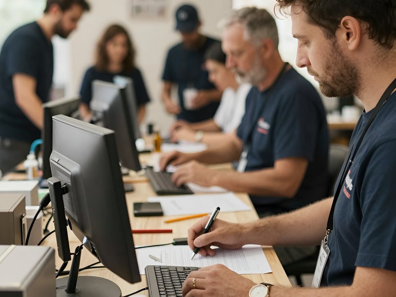 Команда специалистов компании Альт Смоук работает с оборудованием в офисе при естественном освещении